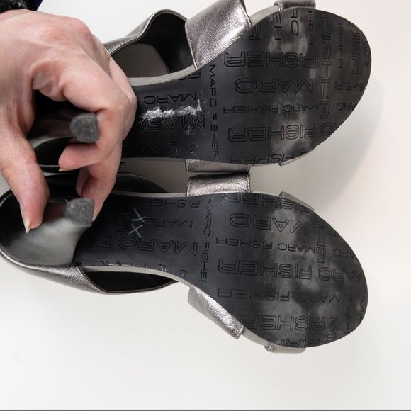 Marc Fisher Pewter Leather Wrap Heel Sandals - Size 9 - Picture 5 of 10